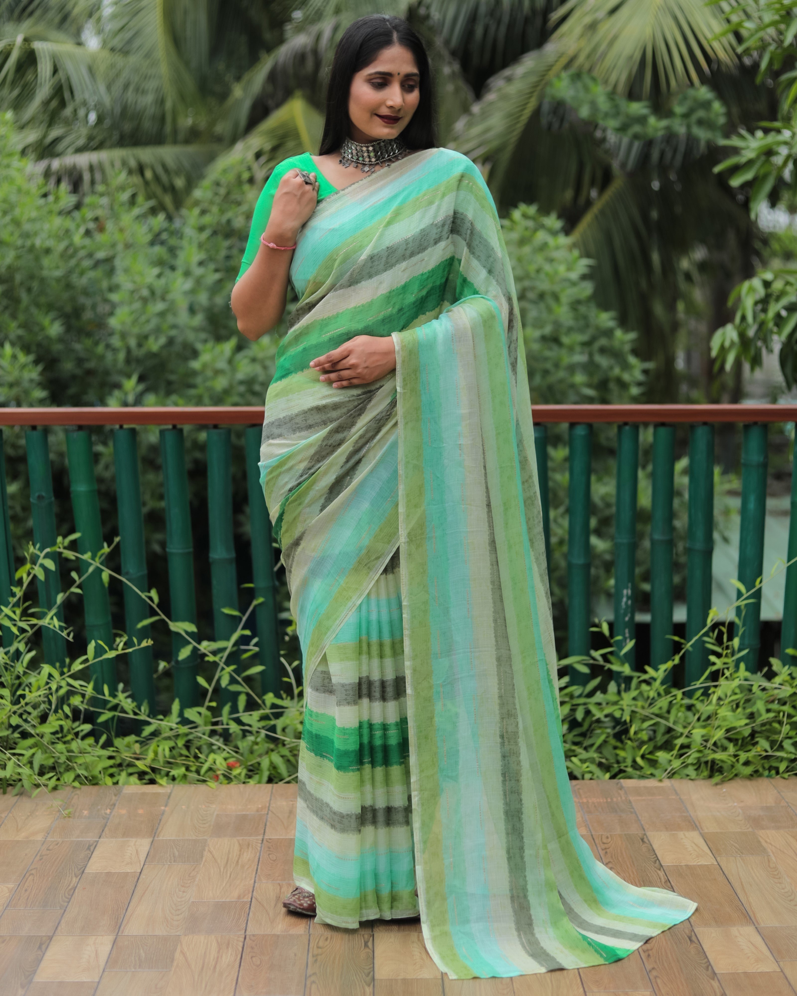 Vsaree Moss Chiffon Silk Print With Gold Foil Touch Up Saree With Blouse For Women