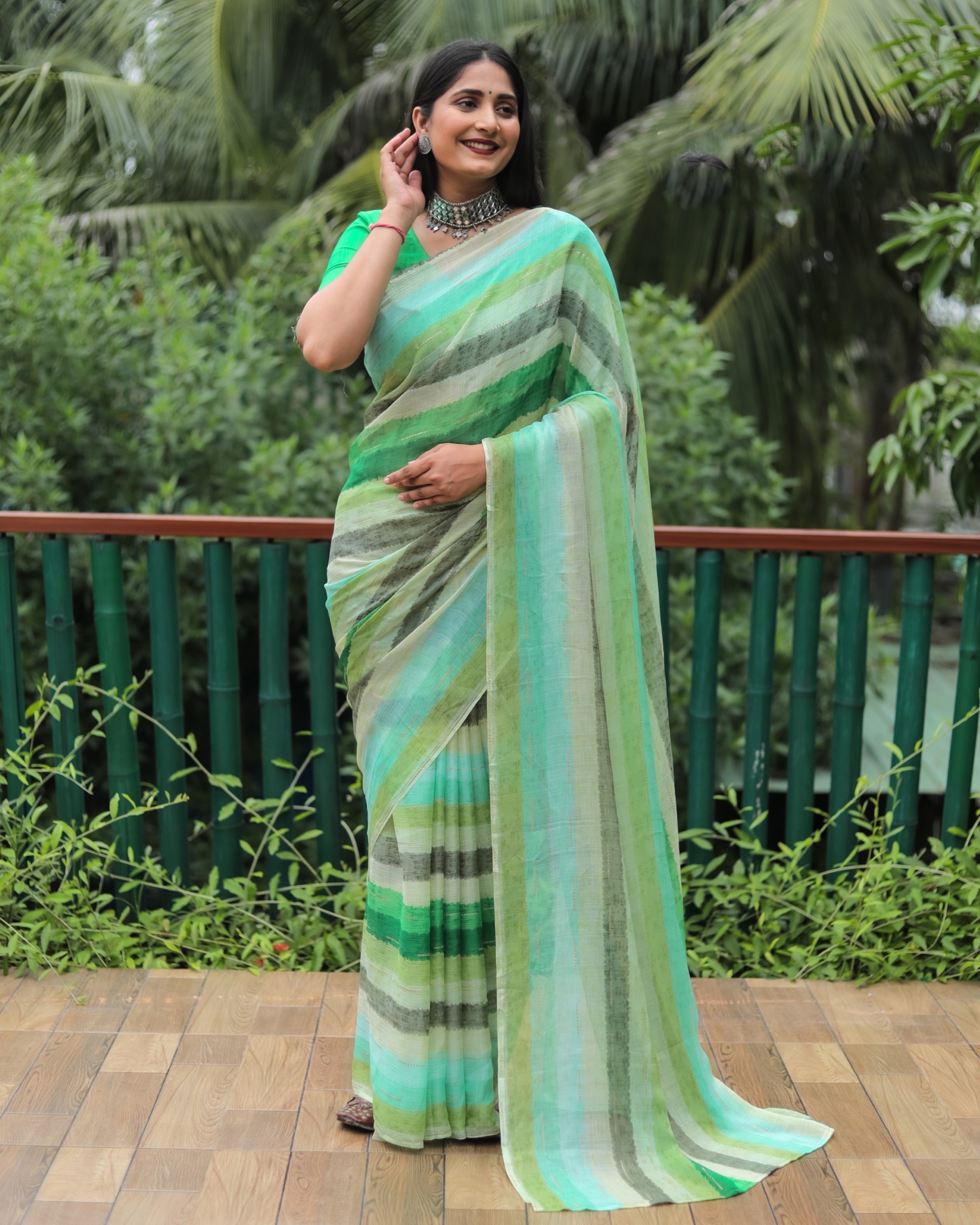 Vsaree Moss Chiffon Silk Print With Gold Foil Touch Up Saree With Blouse For Women