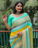 Vsaree Moss Chiffon Silk Print With Gold Foil Touch Up Saree With Blouse For Women