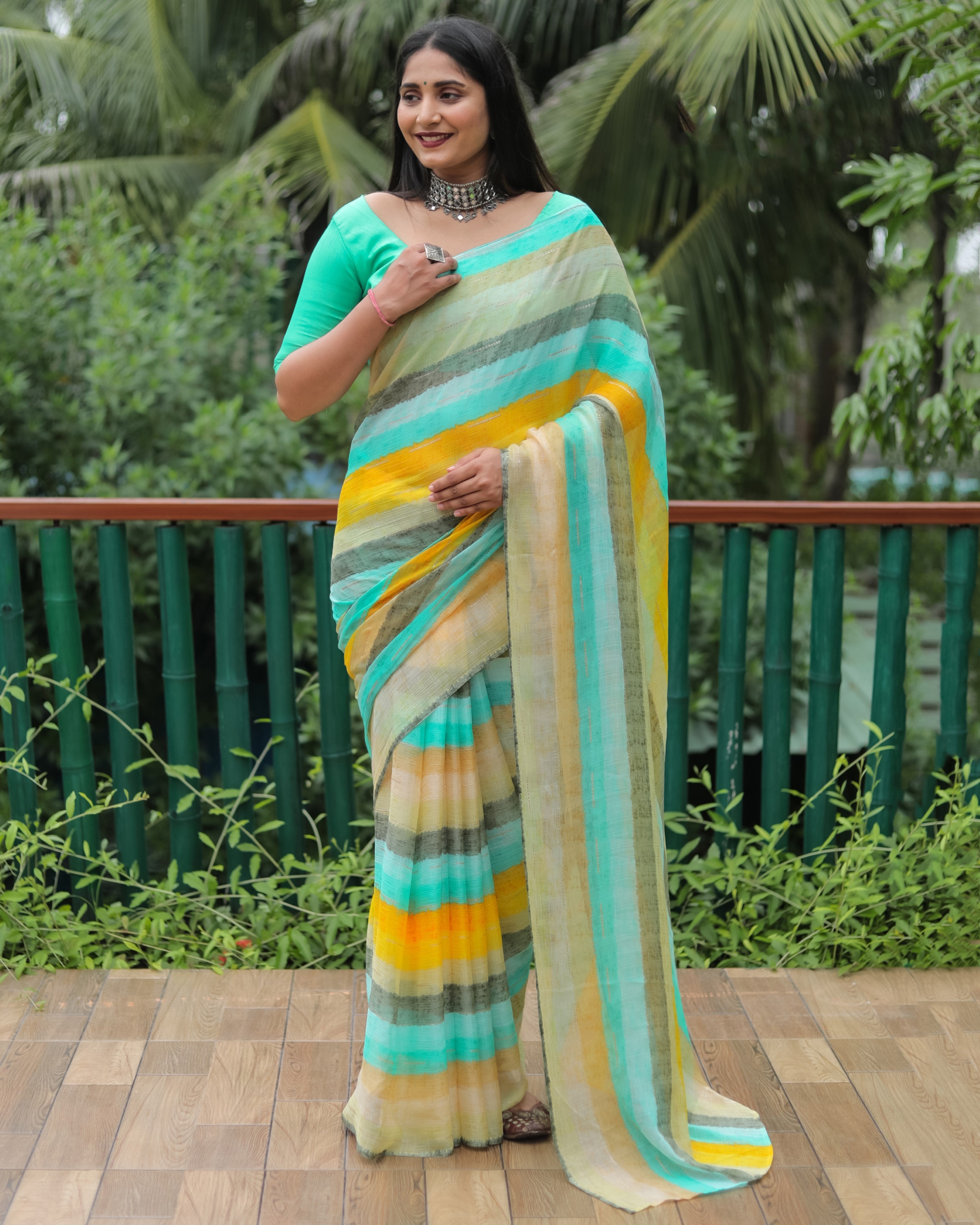 Vsaree Moss Chiffon Silk Print With Gold Foil Touch Up Saree With Blouse For Women