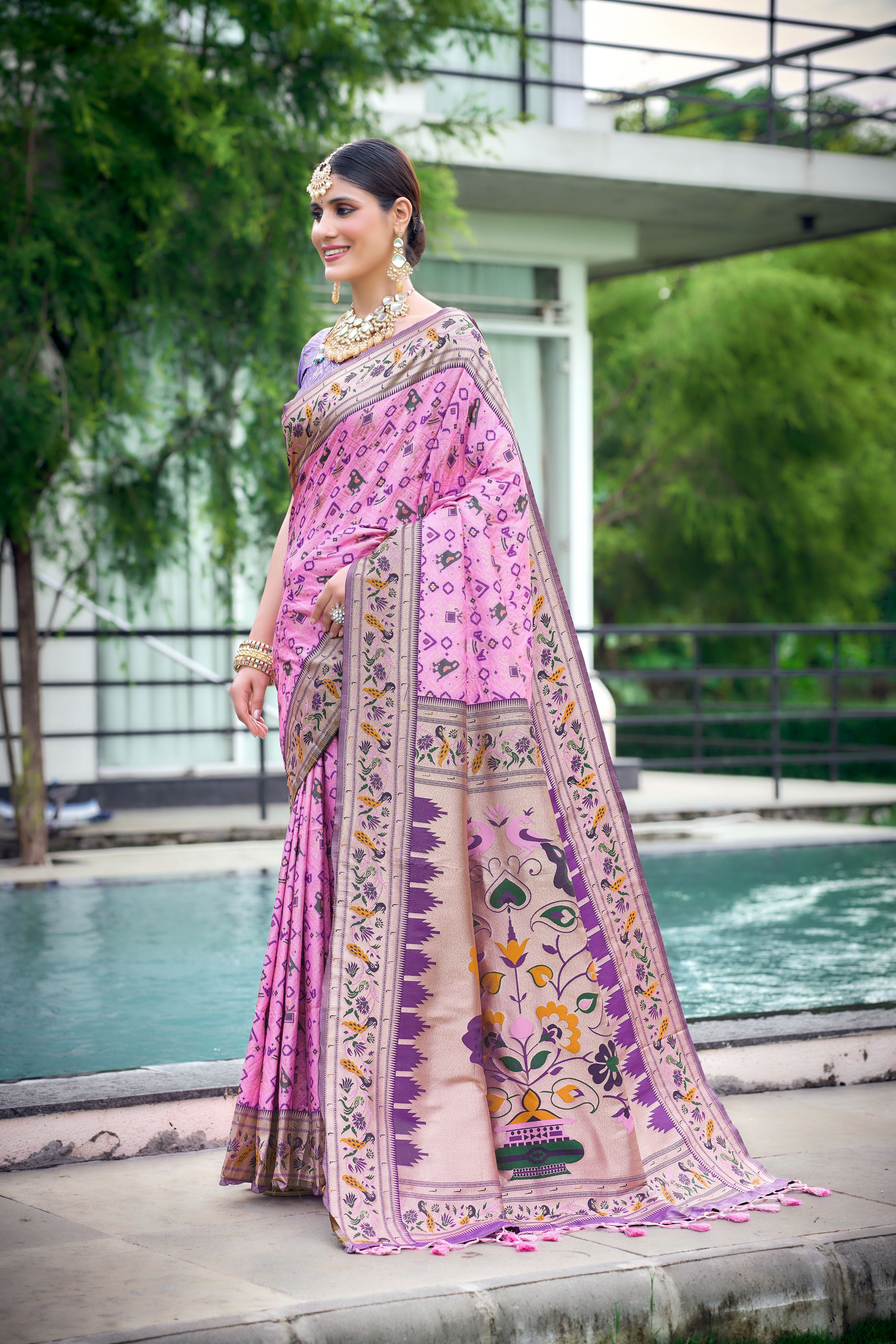 Vsaree Baby Pink Patola Silk Saree And Zari Weaving With Paithani Type Weaving Border And Blouse