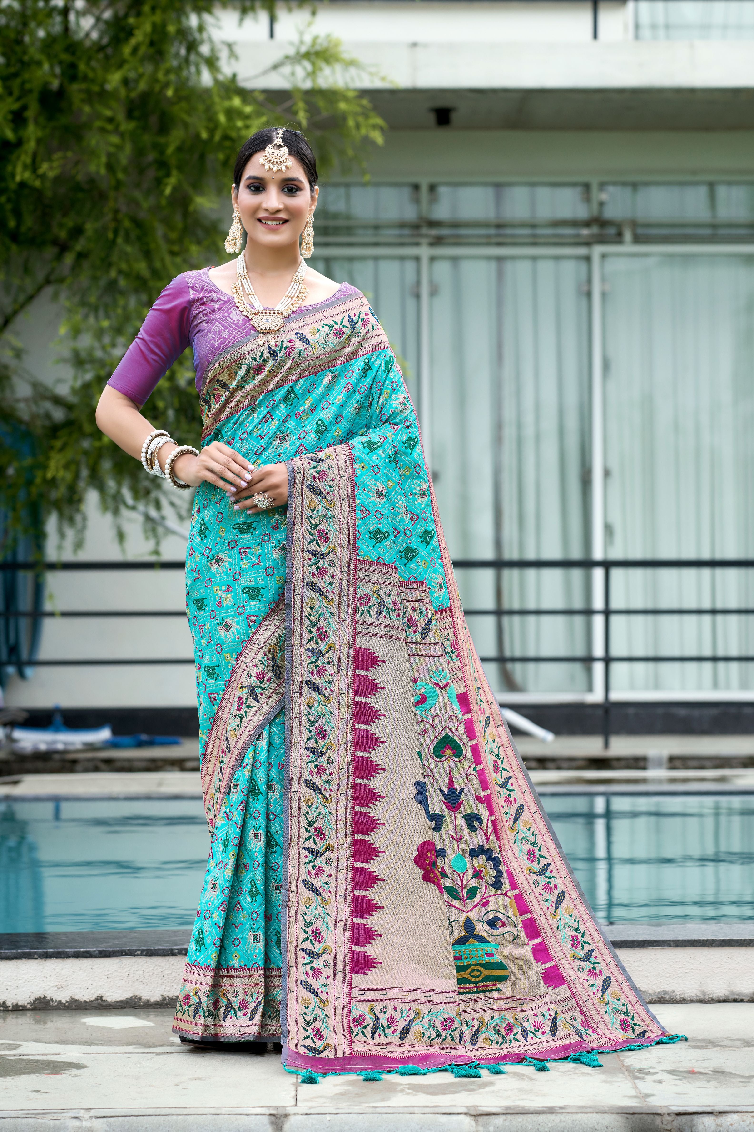 Vsaree Firozi Patola Silk Saree And Zari Weaving With Paithani Type Weaving Border And Blouse