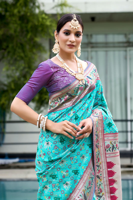 Vsaree Firozi Patola Silk Saree And Zari Weaving With Paithani Type Weaving Border And Blouse