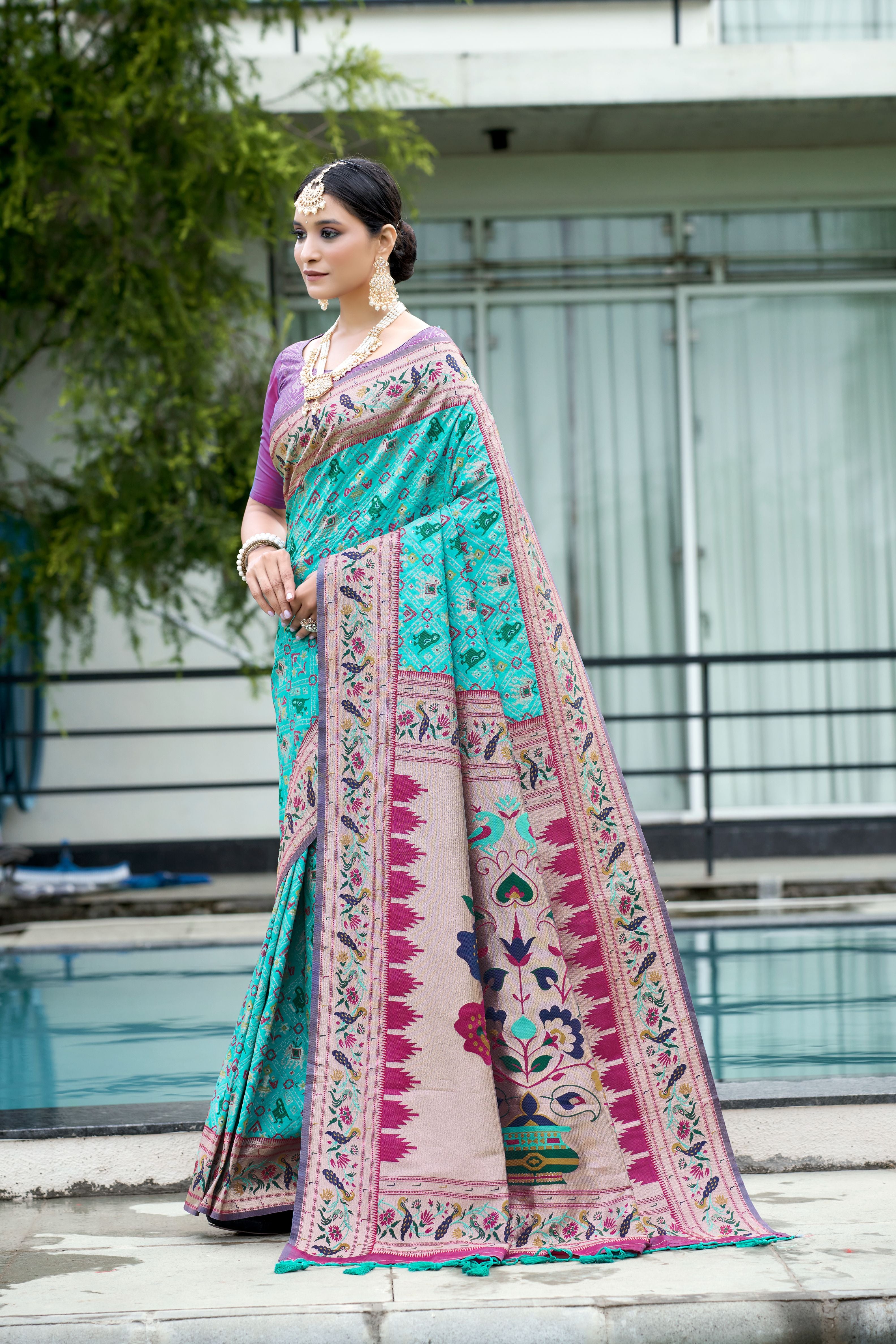 Vsaree Firozi Patola Silk Saree And Zari Weaving With Paithani Type Weaving Border And Blouse