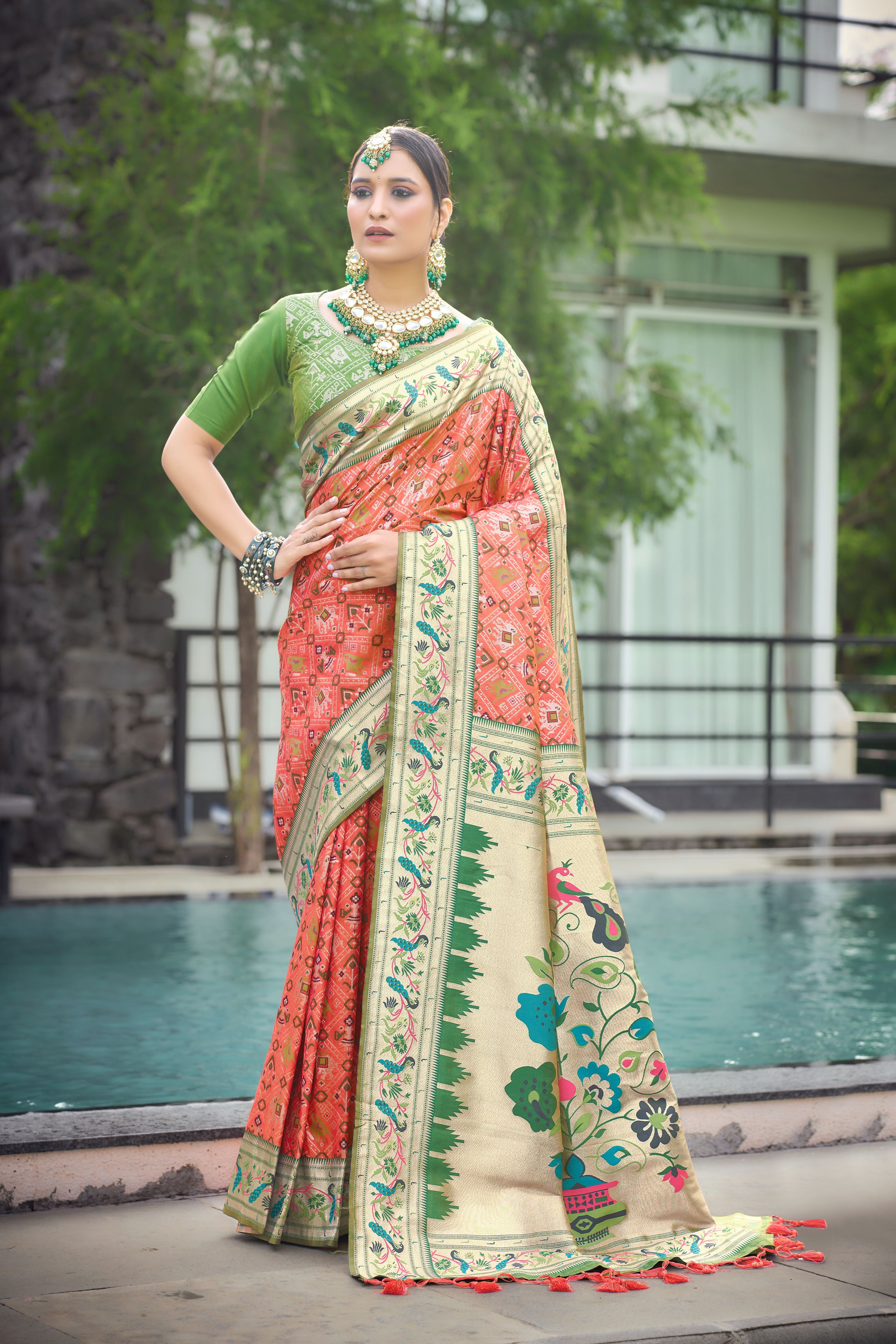 Vsaree Orange Patola Silk Saree And Zari Weaving With Paithani Type Weaving Border And Blouse