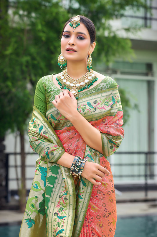 Vsaree Orange Patola Silk Saree And Zari Weaving With Paithani Type Weaving Border And Blouse