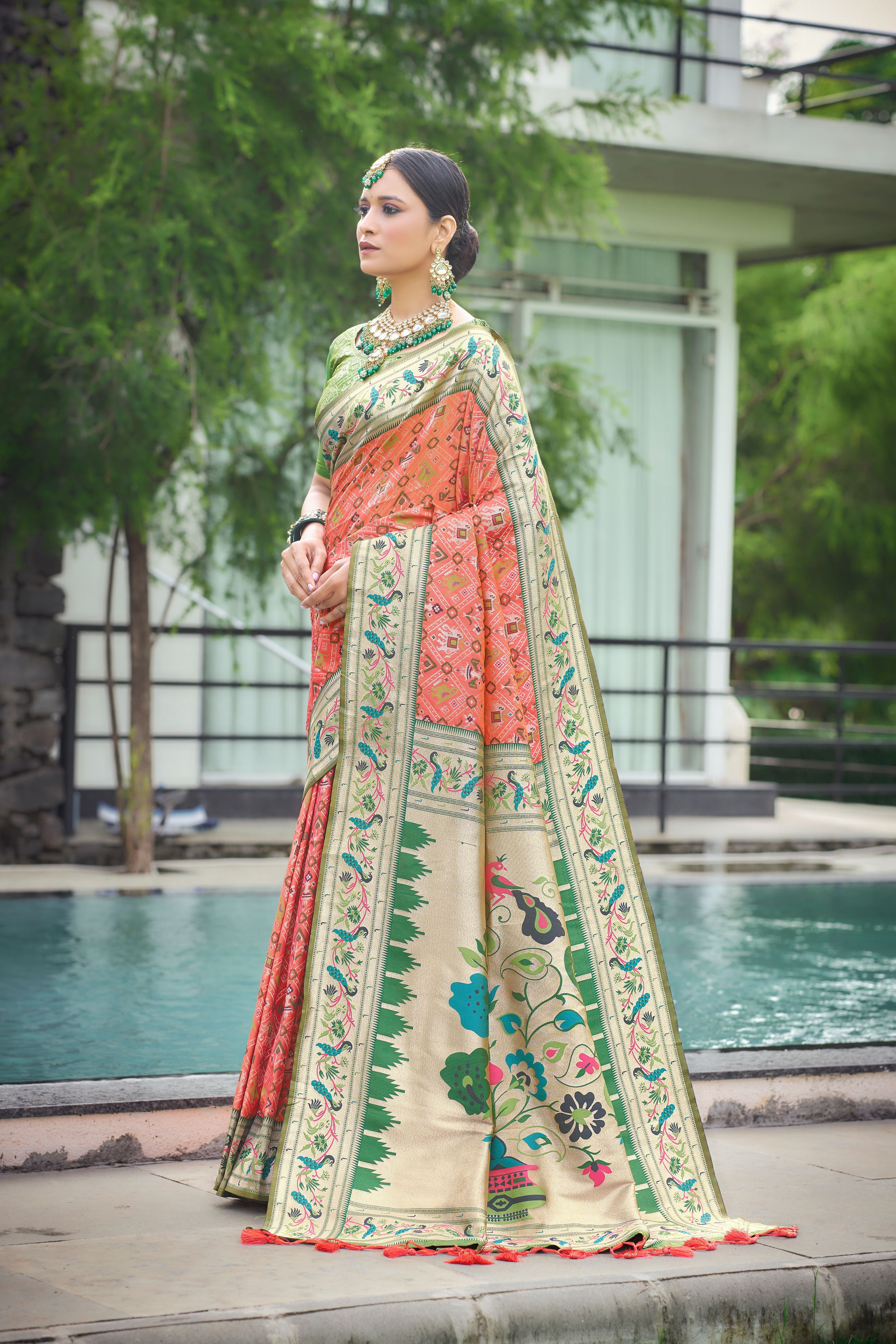 Vsaree Orange Patola Silk Saree And Zari Weaving With Paithani Type Weaving Border And Blouse