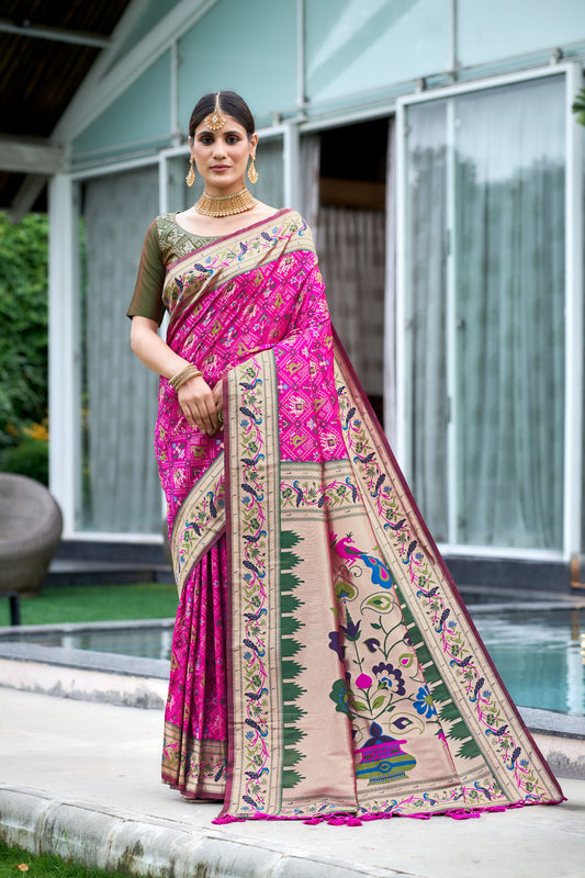 Vsaree Pink Patola Silk Saree And Zari Weaving With Paithani Type Weaving Border And Blouse