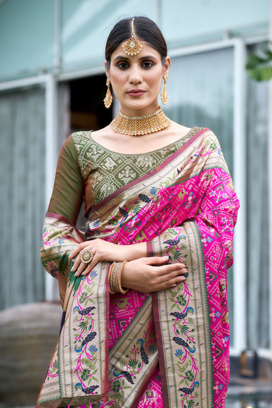 Vsaree Pink Patola Silk Saree And Zari Weaving With Paithani Type Weaving Border And Blouse