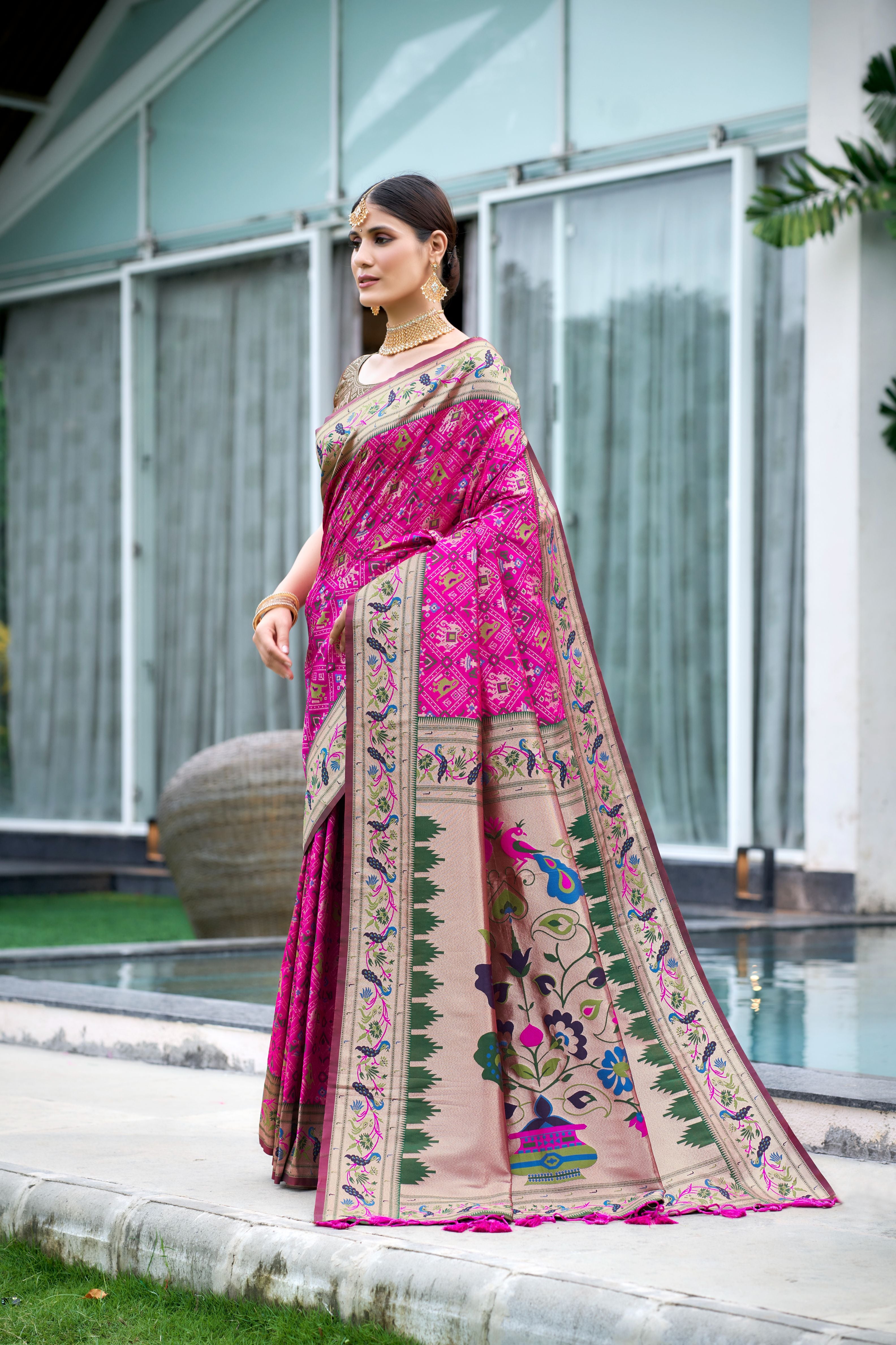 Vsaree Pink Patola Silk Saree And Zari Weaving With Paithani Type Weaving Border And Blouse