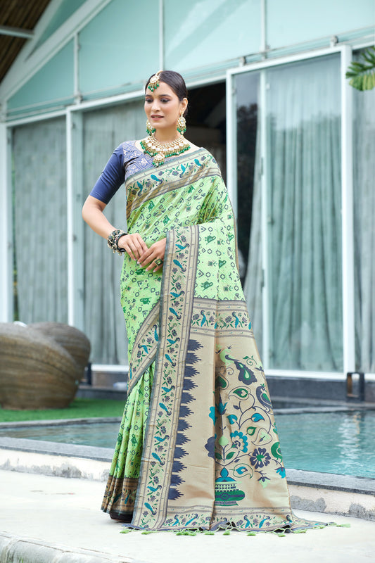 Vsaree Pista Patola Silk Saree And Zari Weaving With Paithani Type Weaving Border And Blouse