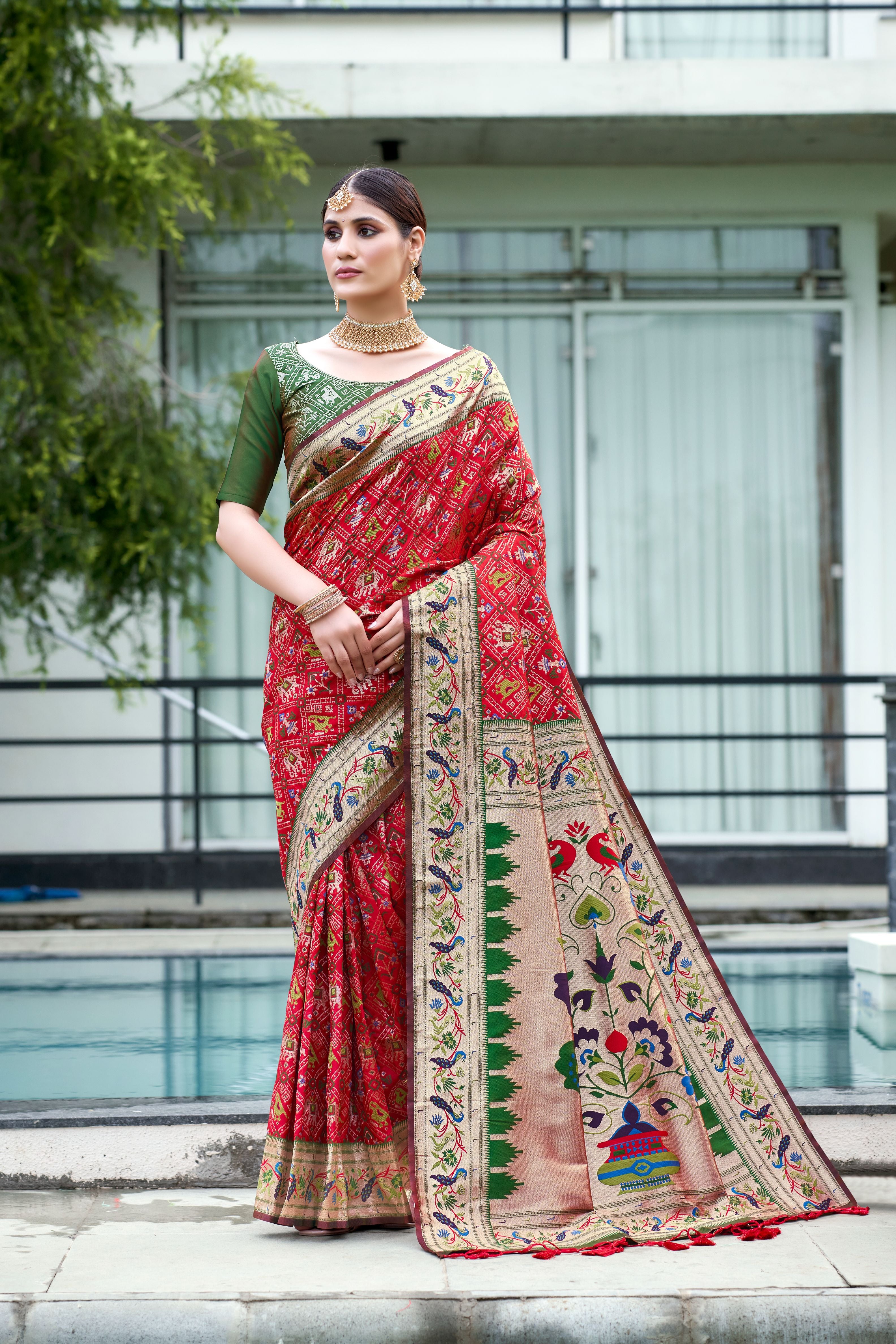 Vsaree Red Patola Silk Saree And Zari Weaving With Paithani Type Weaving Border And Blouse