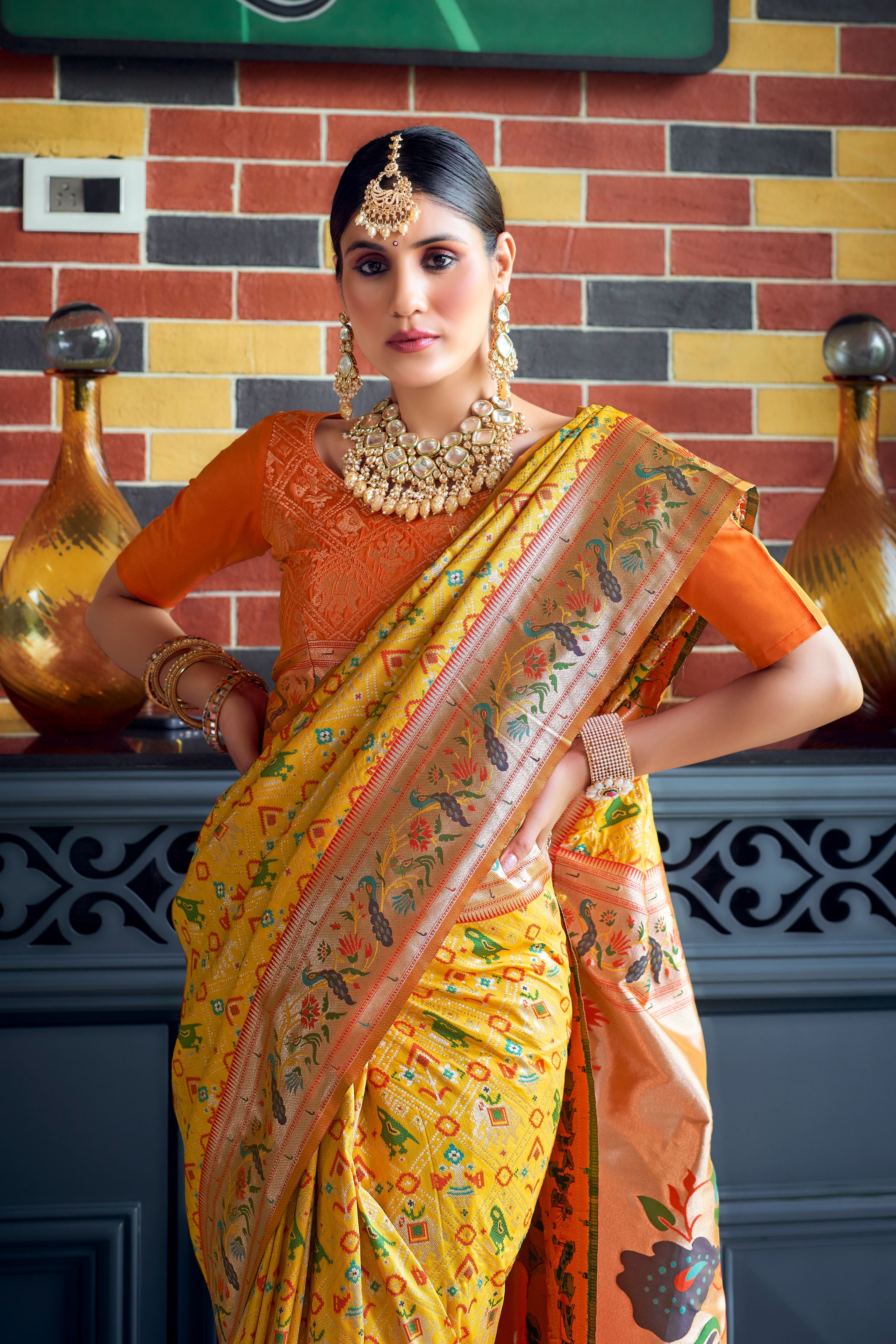 Vsaree Yellow Patola Silk Saree And Zari Weaving With Paithani Type Weaving Border And Blouse