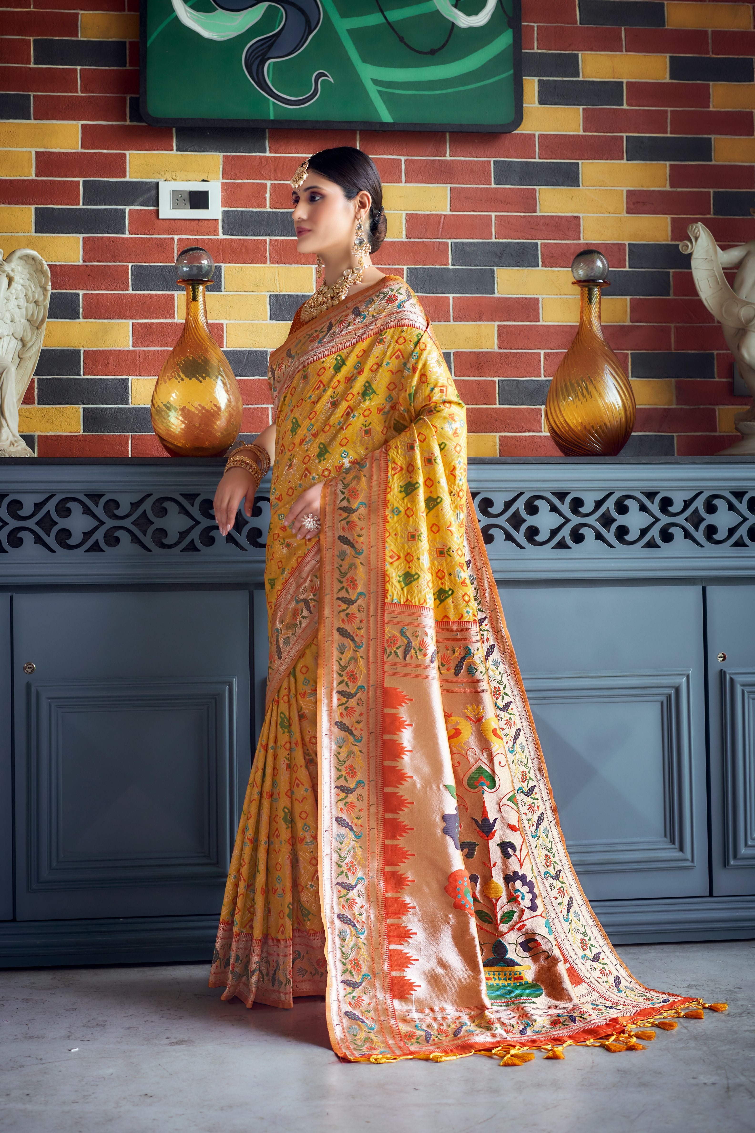 Vsaree Yellow Patola Silk Saree And Zari Weaving With Paithani Type Weaving Border And Blouse