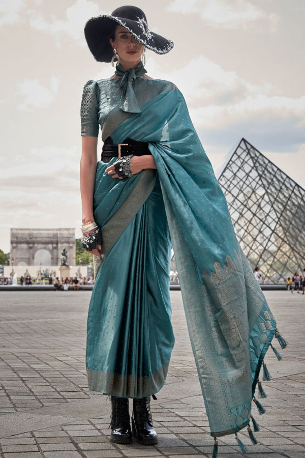 Vsaree Teal Banarasi Silk Designer Saree With Banarasi Border And Blouse