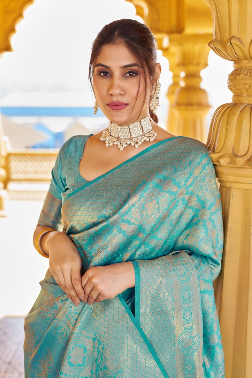 Designer Banarasi Kanjivaram Silk Golden Border With Banarasi Design Saree And Blouse