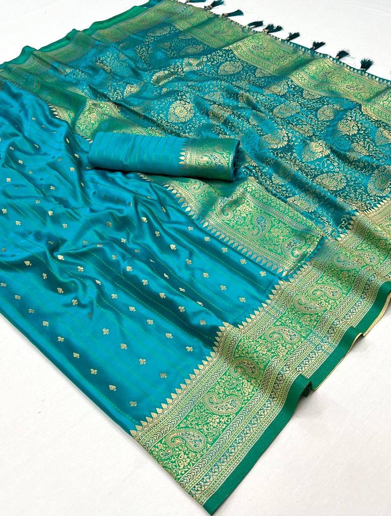 Vsaree Dark Teal Banarasi Silk Designer Saree With Banarasi Border And Blouse