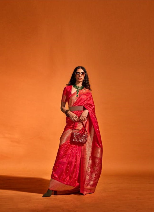 Vsaree Red Banarasi Silk Designer Saree With Banarasi Border And Blouse