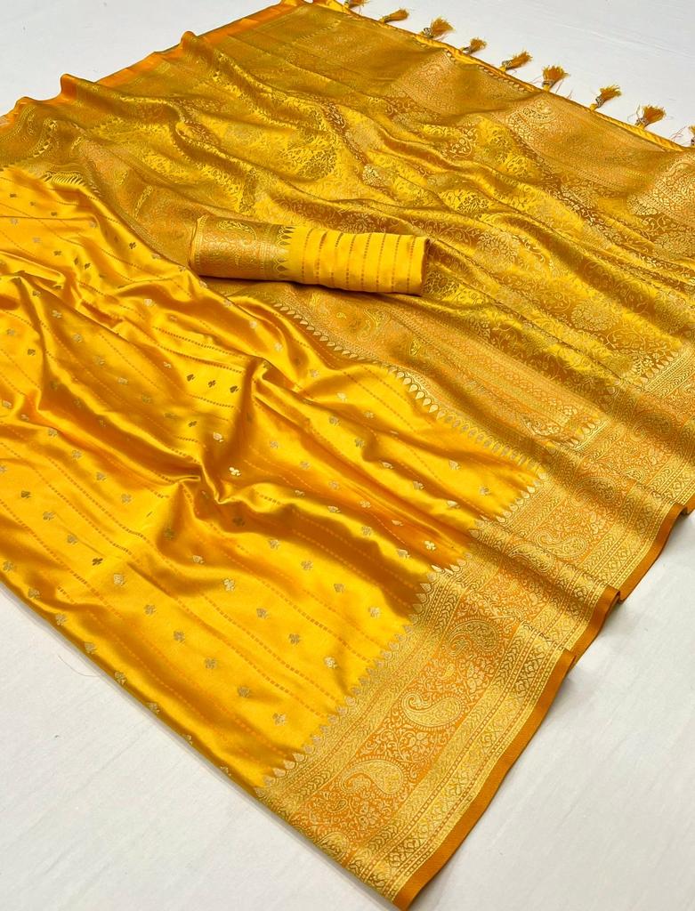 Vsaree Yellow Banarasi Silk Designer Saree With Banarasi Border And Blouse