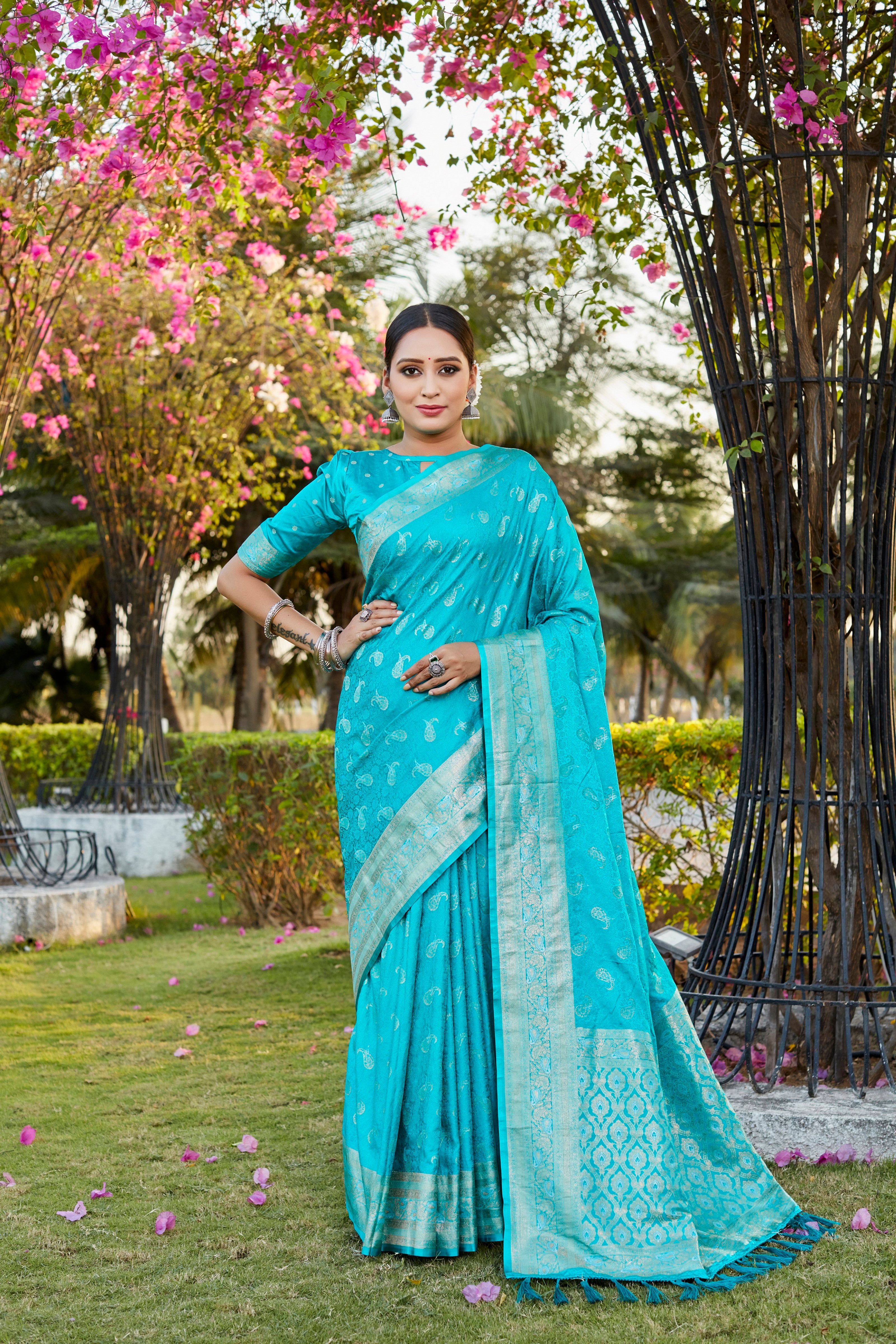 Designer Kanjivaram Soft Satin Silk Zari Weaving Border Saree With Woven Rich Pallu And Blouse