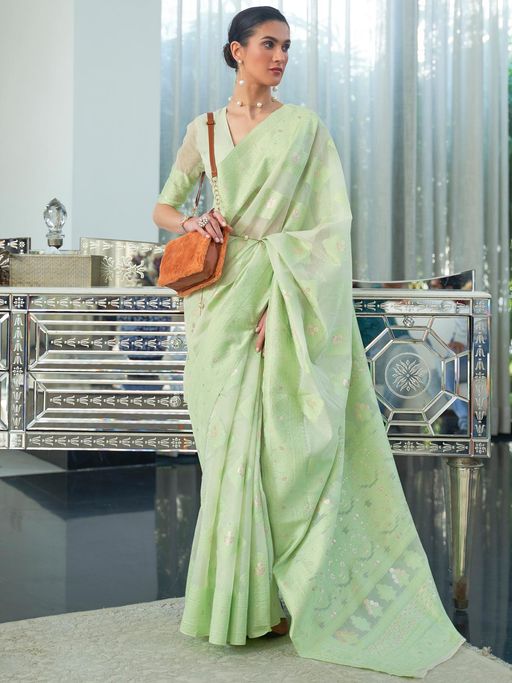 Vsaree Light Green Banarasi Tussar Silk Designer Saree With Banarasi Border And Blouse