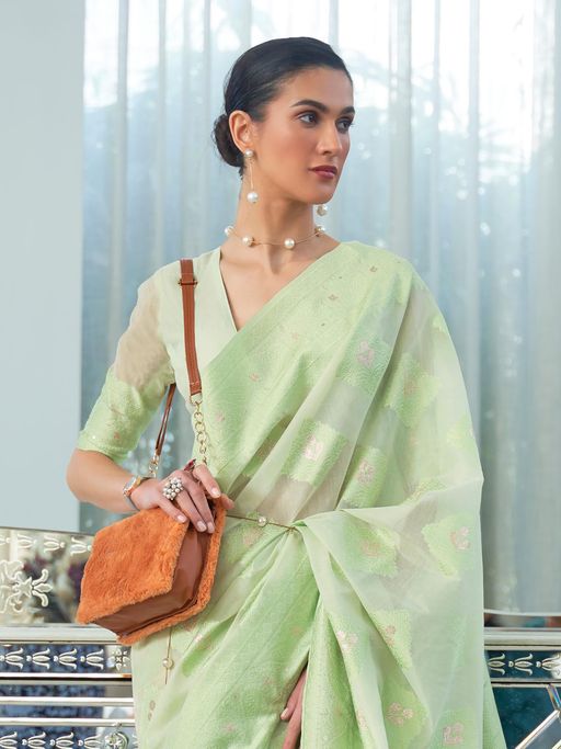 Vsaree Light Green Banarasi Tussar Silk Designer Saree With Banarasi Border And Blouse