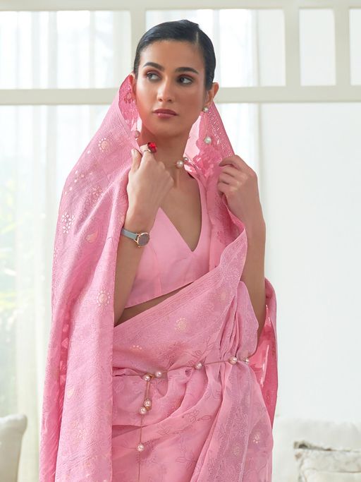 Vsaree Pink Banarasi Tussar Silk Designer Saree With Banarasi Border And Blouse