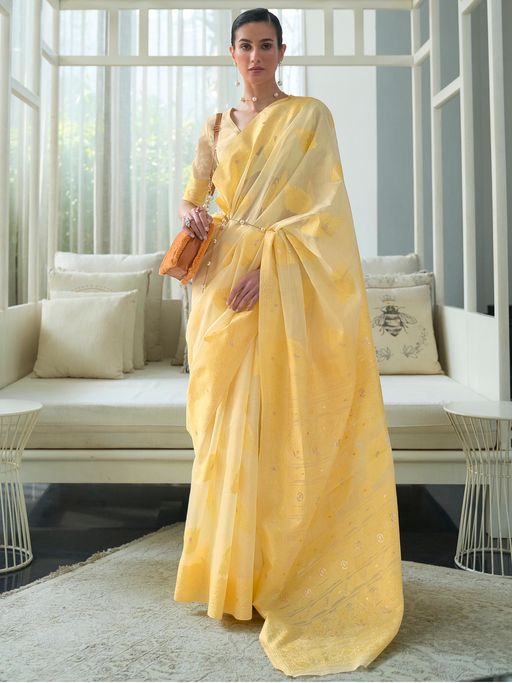 Vsaree Yellow Banarasi Tussar Silk Designer Saree With Banarasi Border And Blouse