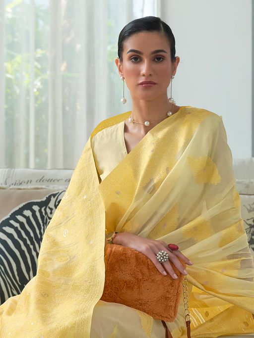 Vsaree Yellow Banarasi Tussar Silk Designer Saree With Banarasi Border And Blouse