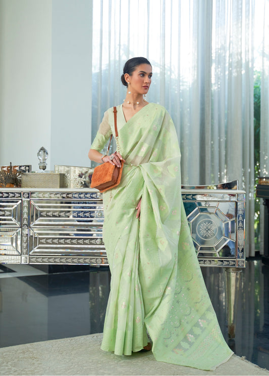 Vsaree Light Green Banarasi Tussar Silk Designer Saree With Banarasi Border And Blouse