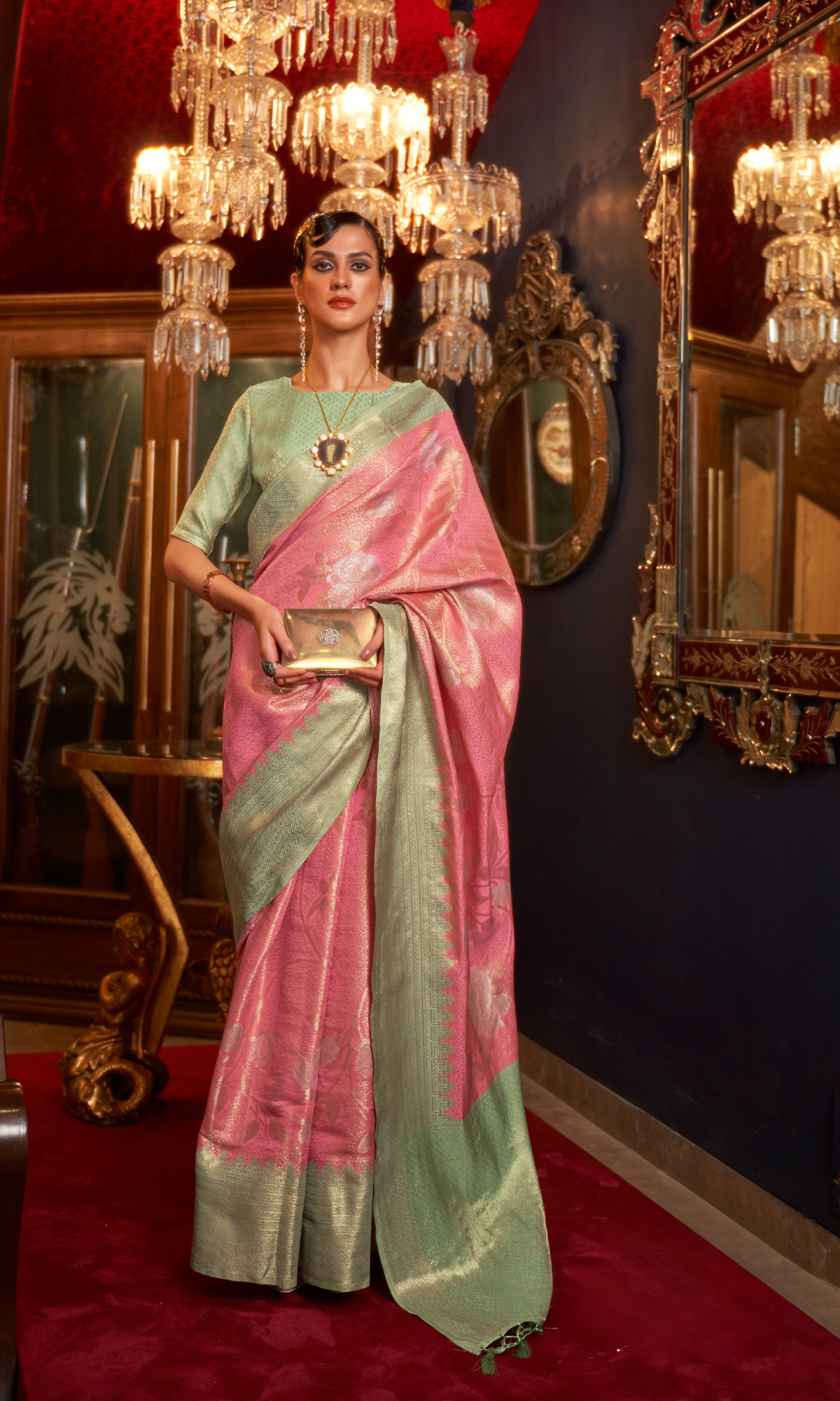 Vsaree Pink Banarasi Silk Zari Weaving Work With Banarasi Design Saree And Blouse