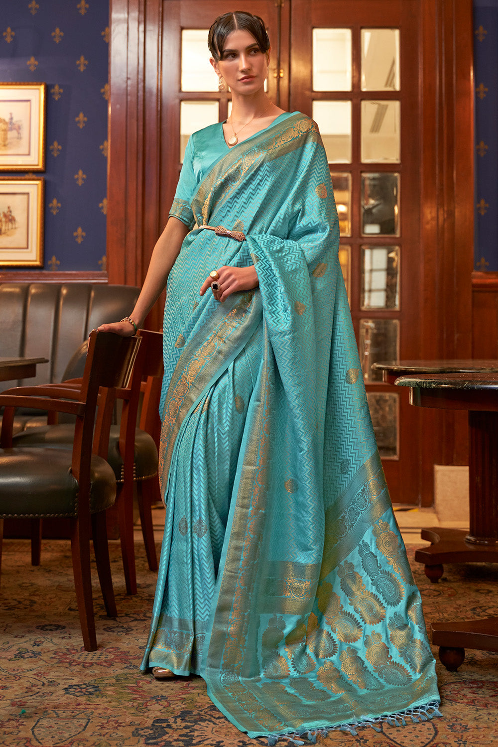 Vsaree Sky Blue Banarasi Silk Designer Saree With Banarasi Border And Blouse