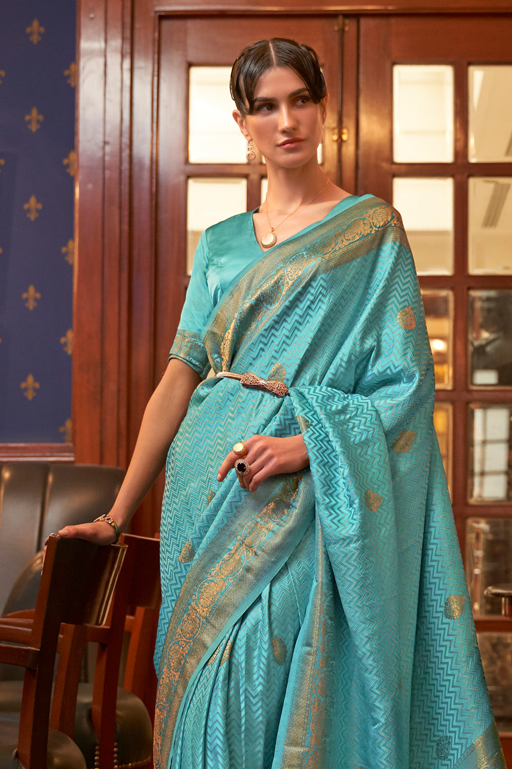 Vsaree Sky Blue Banarasi Silk Designer Saree With Banarasi Border And Blouse