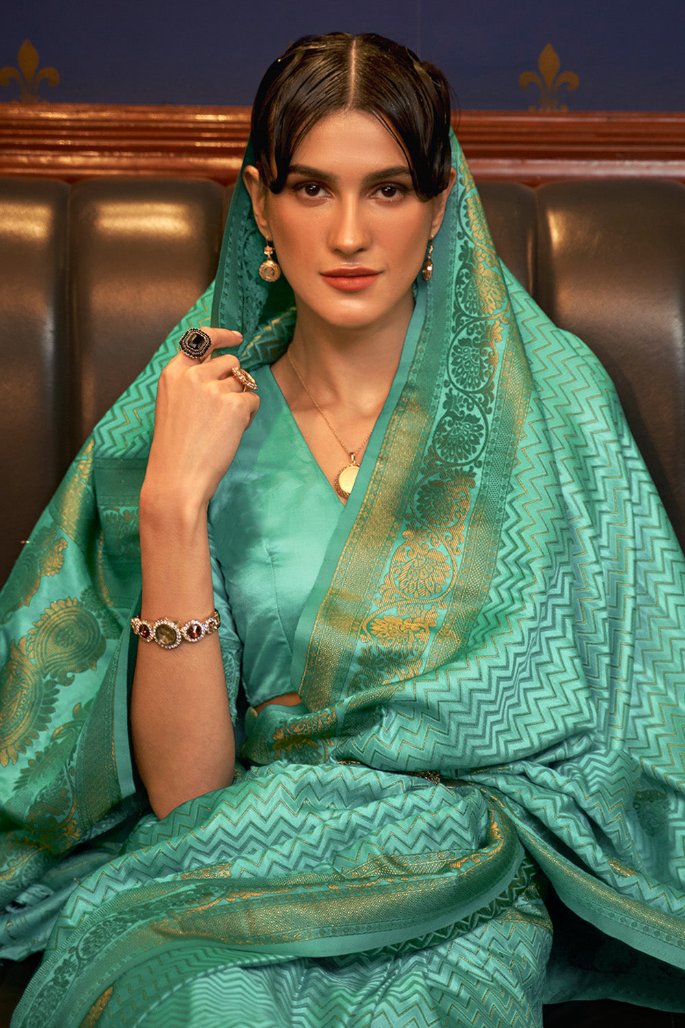 Vsaree Sea Green Banarasi Silk Designer Saree With Banarasi Border And Blouse