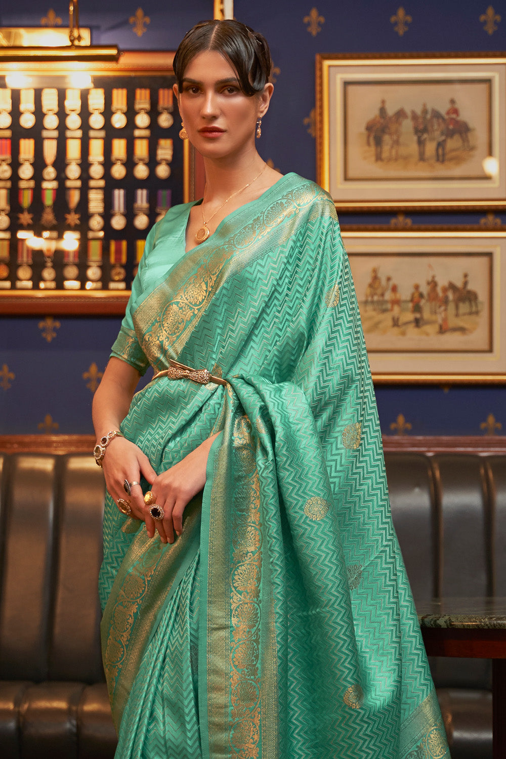 Vsaree Sea Green Banarasi Silk Designer Saree With Banarasi Border And Blouse