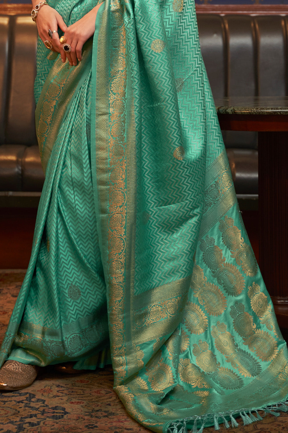 Vsaree Sea Green Banarasi Silk Designer Saree With Banarasi Border And Blouse