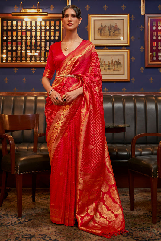 Vsaree Red Banarasi Silk Designer Saree With Banarasi Border And Blouse