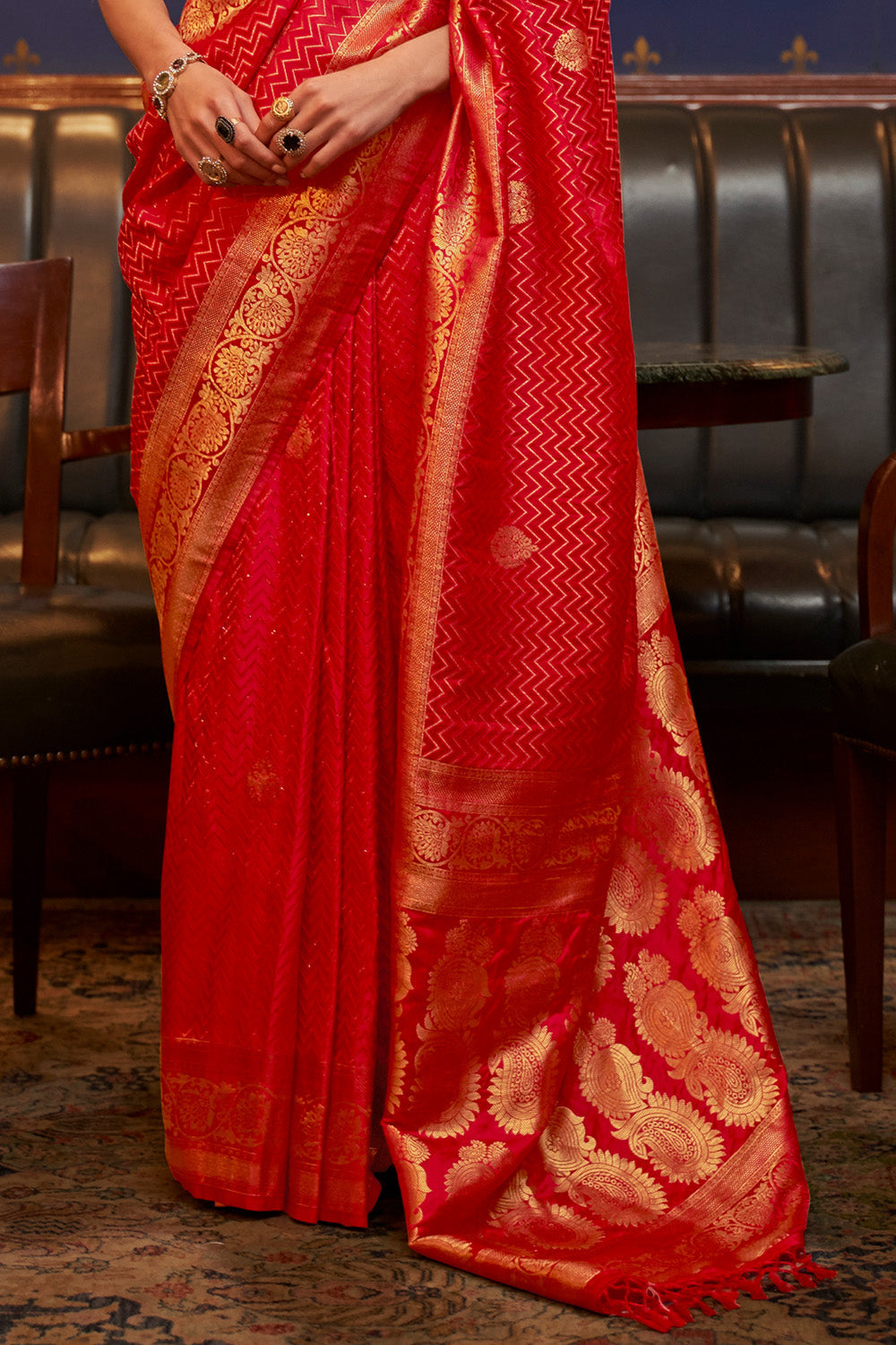 Vsaree Red Banarasi Silk Designer Saree With Banarasi Border And Blouse