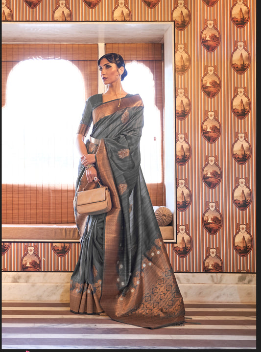 Vsaree Grey Banarasi Silk Designer Saree With Banarasi Border And Blouse