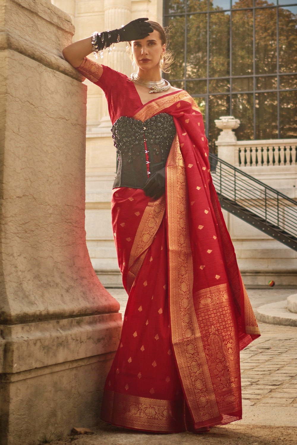 Vsaree Red Banarasi Silk Designer Saree With Banarasi Border And Blouse