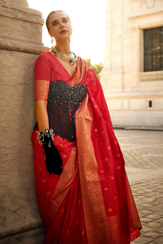 Vsaree Red Banarasi Silk Designer Saree With Banarasi Border And Blouse