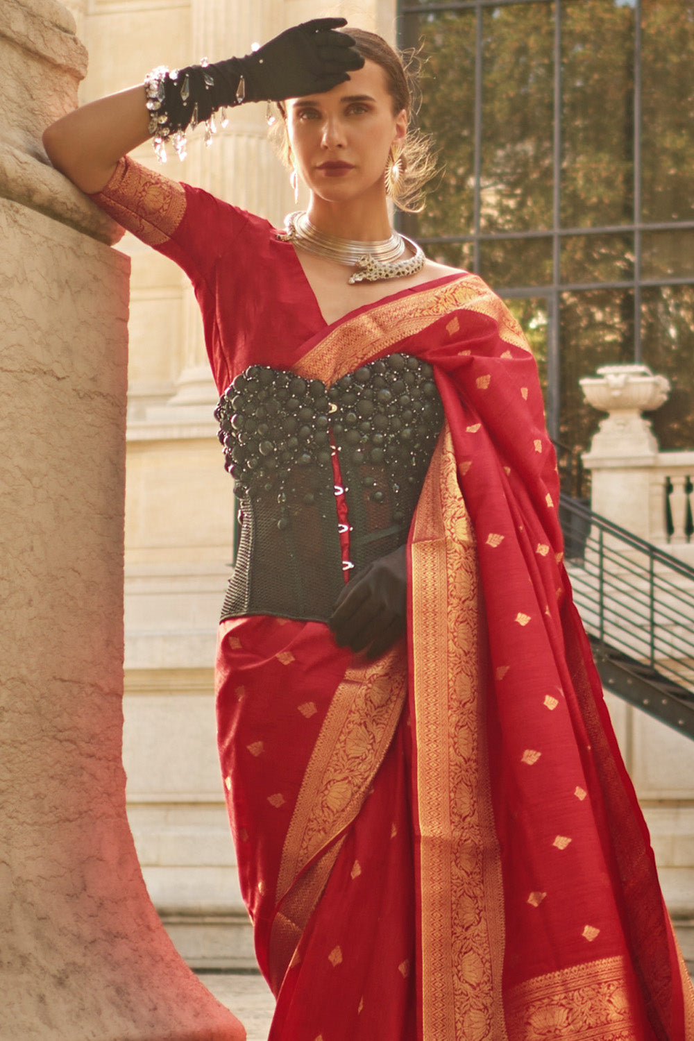 Vsaree Red Banarasi Silk Designer Saree With Banarasi Border And Blouse