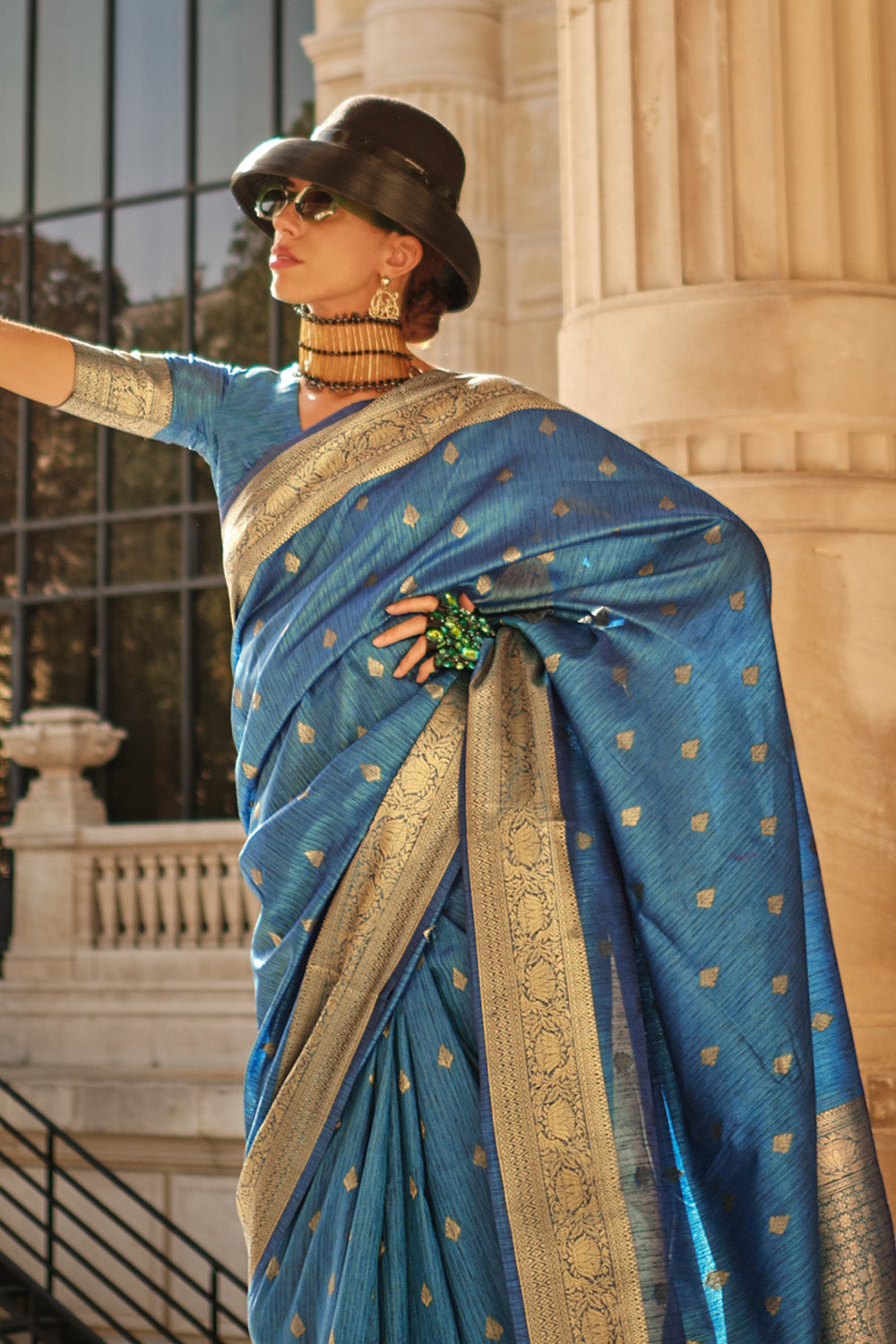 Vsaree Blue Banarasi Silk Designer Saree With Banarasi Border And Blouse