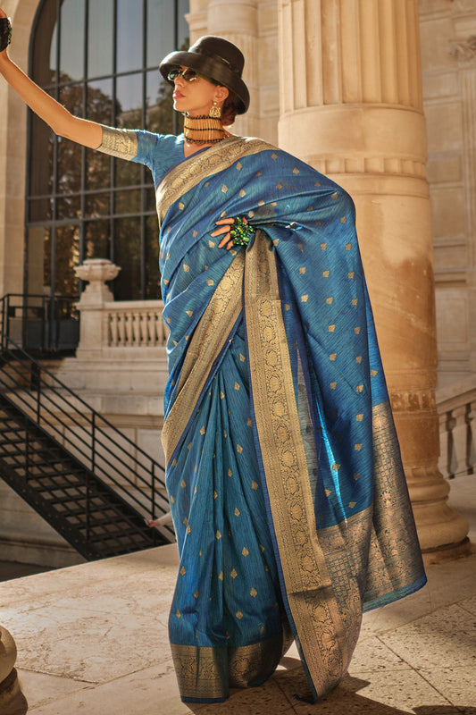 Vsaree Blue Banarasi Silk Designer Saree With Banarasi Border And Blouse