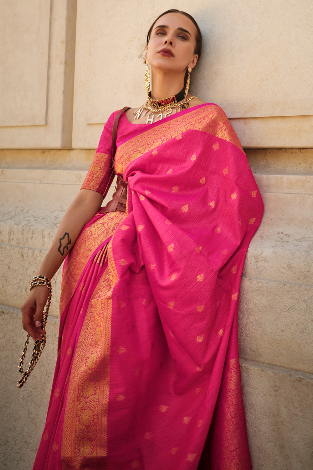 Vsaree Rani Pink Banarasi Silk Designer Saree With Banarasi Border And Blouse