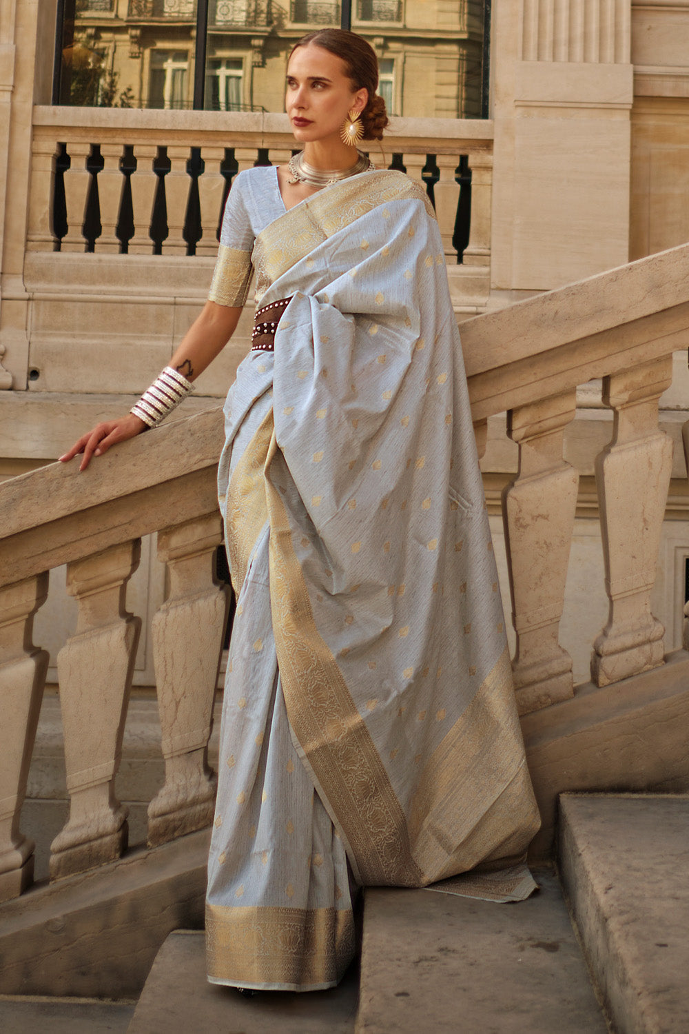 Vsaree Grey Banarasi Silk Designer Saree With Banarasi Border And Blouse