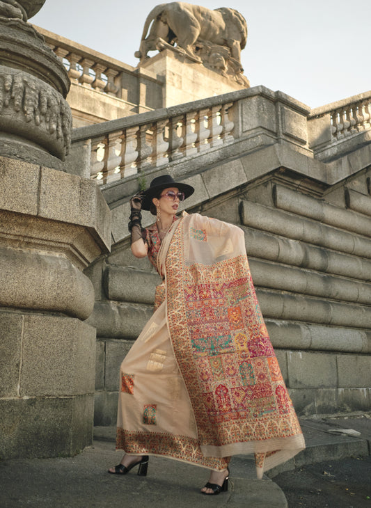 Vsaree Cream Banarasi Silk Designer Saree With Banarasi Border And Blouse