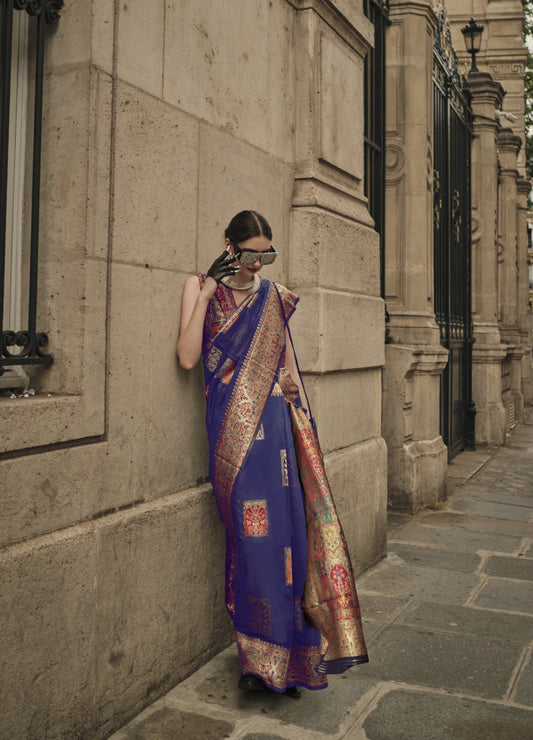 Vsaree Blue Banarasi Silk Designer Saree With Banarasi Border And Blouse