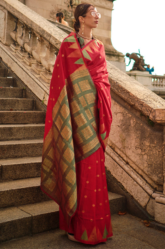 Vsaree Red Banarasi Silk Designer Saree With Banarasi Border And Blouse