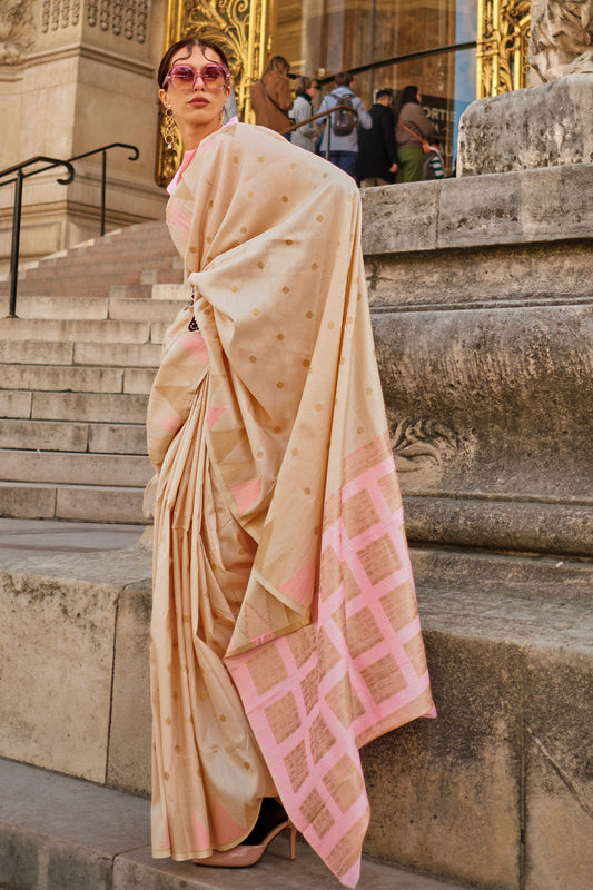 Vsaree Cream Banarasi Silk Designer Saree With Banarasi Border And Blouse